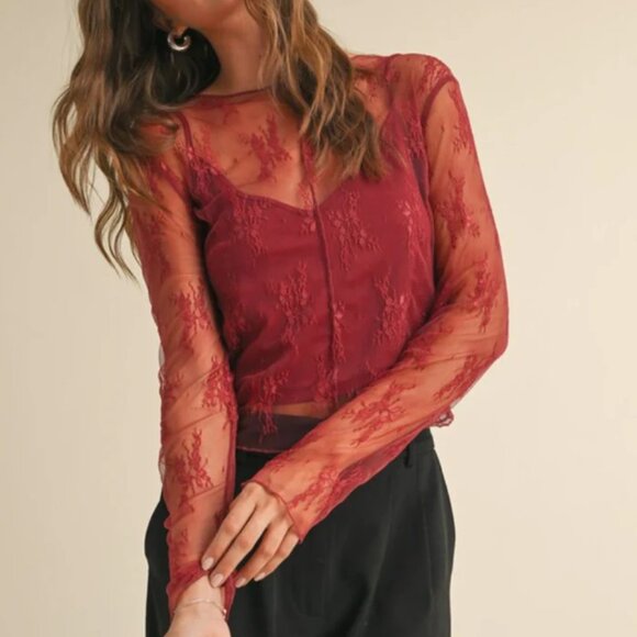 MIOU MUSE Y2K 90's Red Sheer Lace Long Sleeve Top Spaghetti Strap Camisole Small - Picture 2 of 12